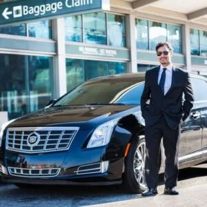 Professional chauffeur in a suit standing beside a luxury black Cadillac at an airport baggage claim.