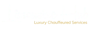 Limousine Hub logo with white script font on a black background and 'Luxury Chauffeured Services' written in gold below.