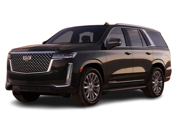 Luxury black Cadillac Escalade SUV parked curbside, showcasing premium design and spacious interior