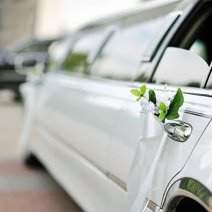 Elegant white limousine decorated with flowers and ribbons for a special event.