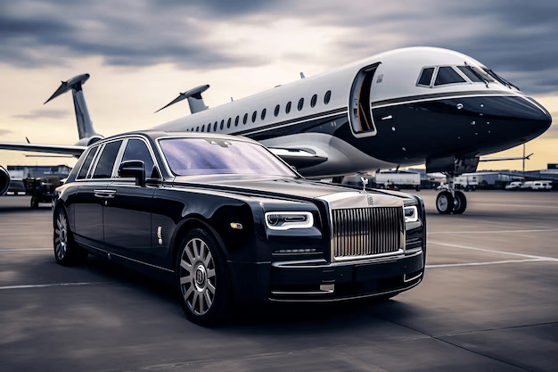 Luxurious Rolls-Royce limo service at an FBO airport with meet-and-greet, Wi-Fi, and refreshments.