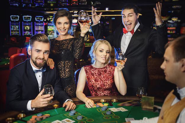 Two men and two women dressed elegantly at a casino entrance.